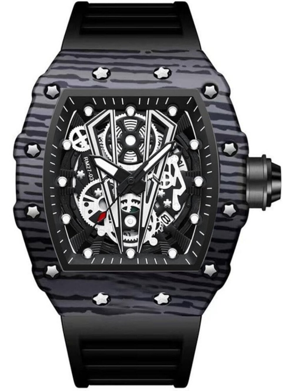 Men's All Black Analog Quartz Silicone Strap Barrel-Shaped Skeleton Luxury Watch